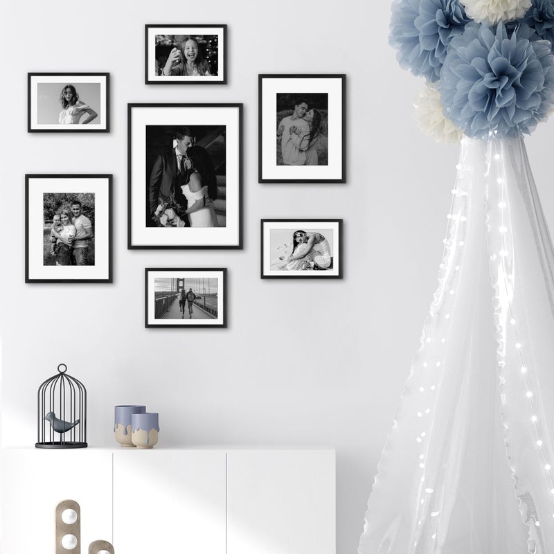 Frametory, Black Aluminum Picture Frame with Removable Mat - Set of 7 Includes Four 5x7, Two 8x10, One 11x14 - Real Glass Front - Simple Gallery Wall Frames for Art Prints and Posters - Image 3
